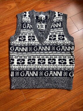 Ganni Black & White Fair Isle V-Neck Sweater Vest